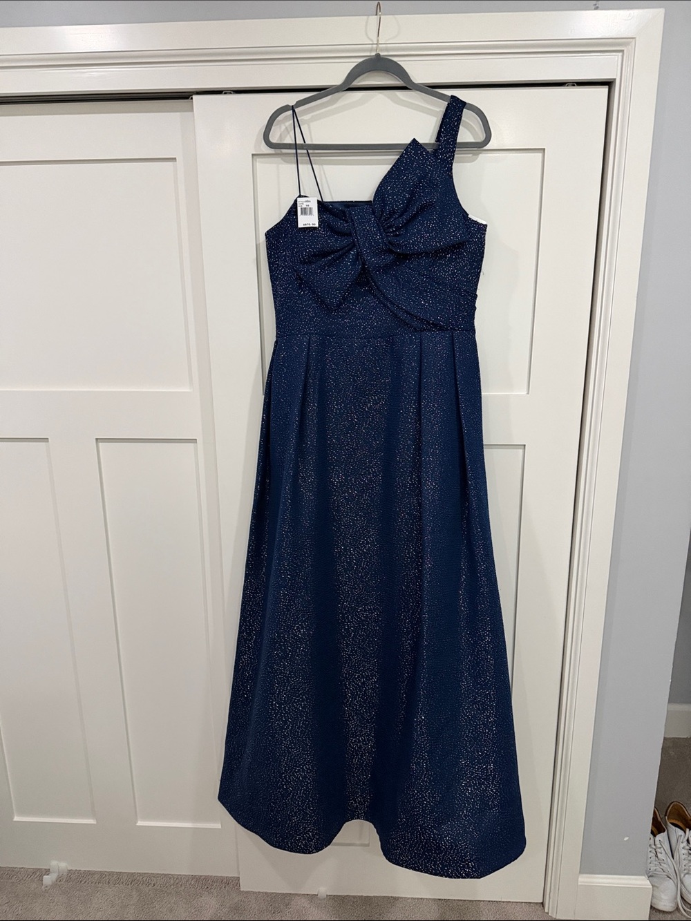 TERI JON One-Shoulder Navy Sparkle Wedding GUEST Dress with Bow Detail